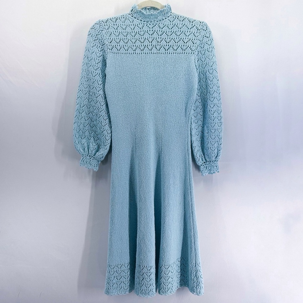 Vintage Picardo Knits Baby Blue Pointelle Crochet Midi Dress Mock Neck Coquette